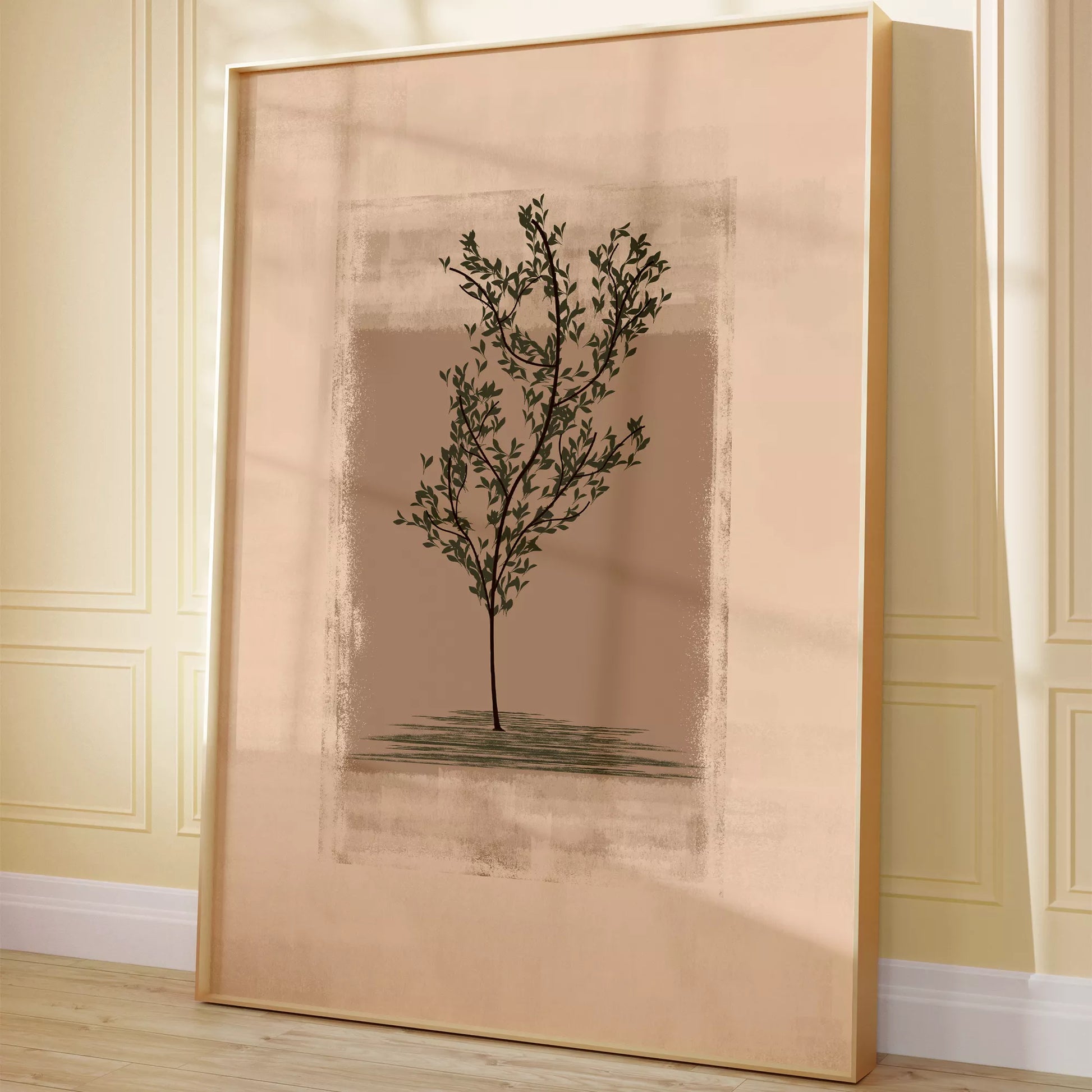 静寂な背景に佇む一本の木のシルエット画、禅とモダンの融合