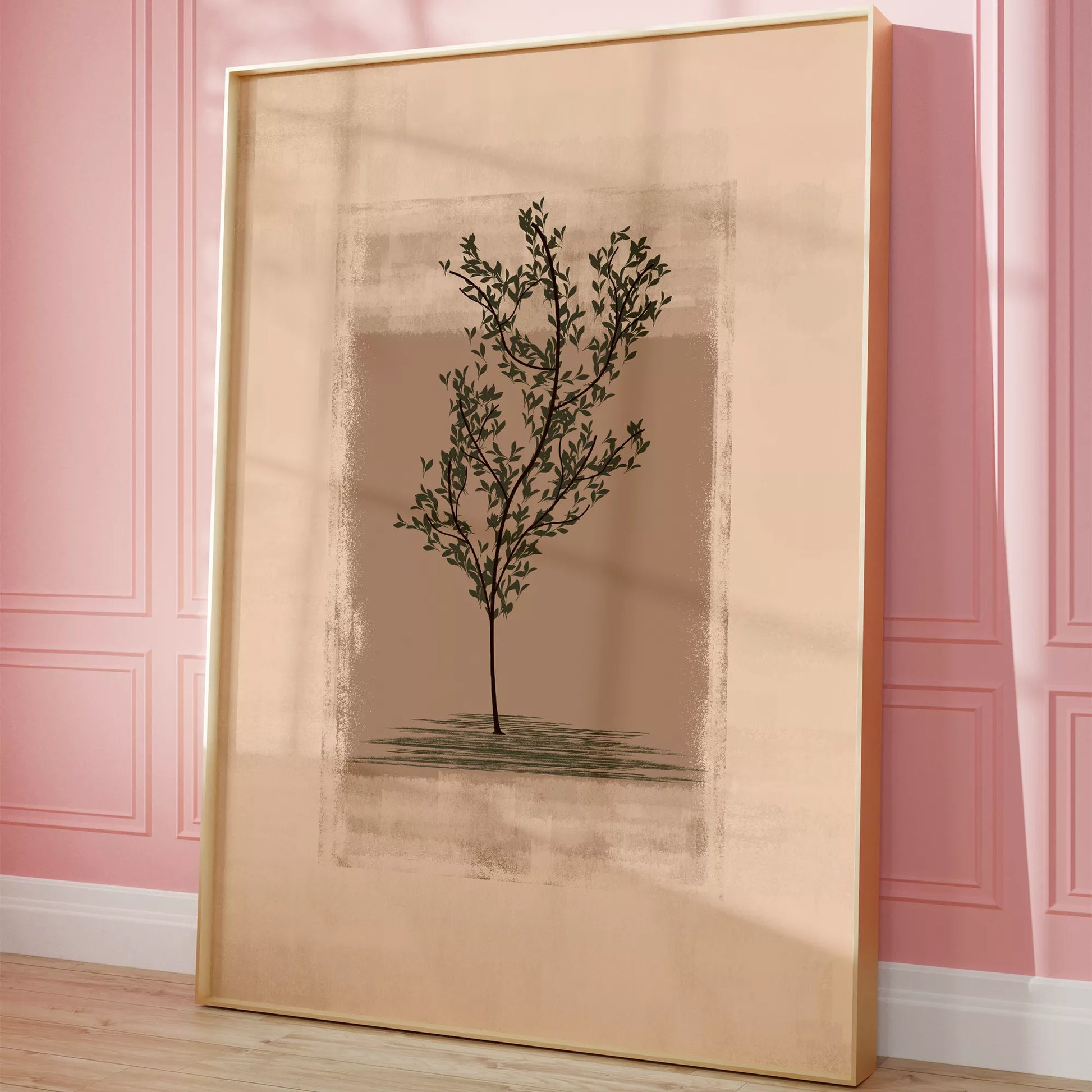 静寂な背景に佇む一本の木のシルエット画、禅とモダンの融合