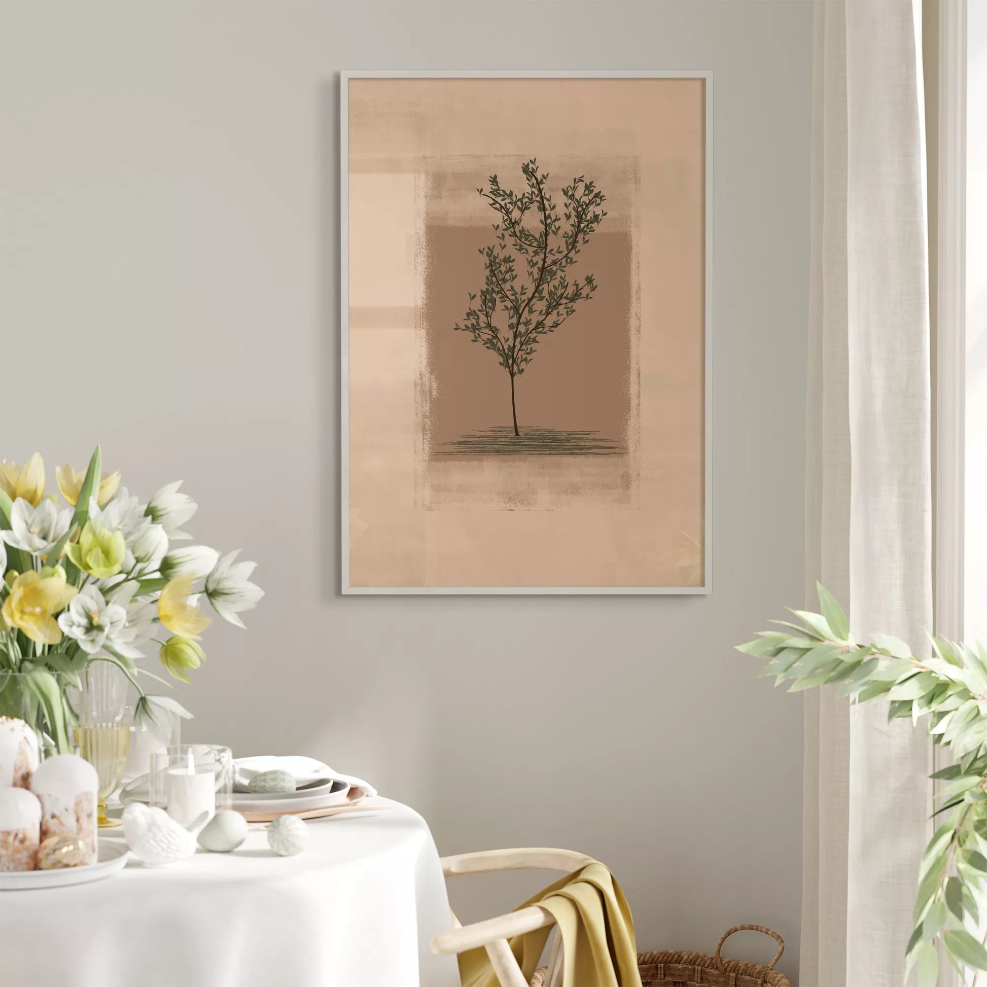 静寂な背景に佇む一本の木のシルエット画、禅とモダンの融合