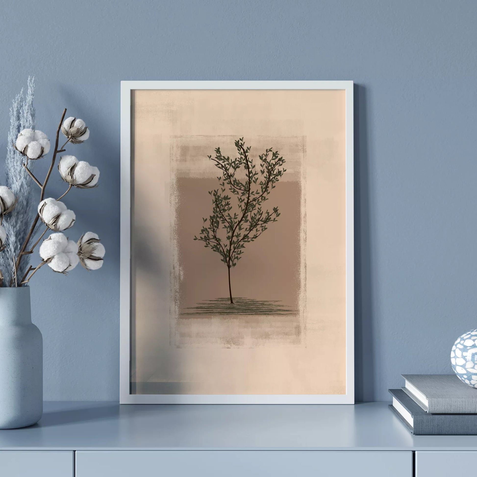 静寂な背景に佇む一本の木のシルエット画、禅とモダンの融合