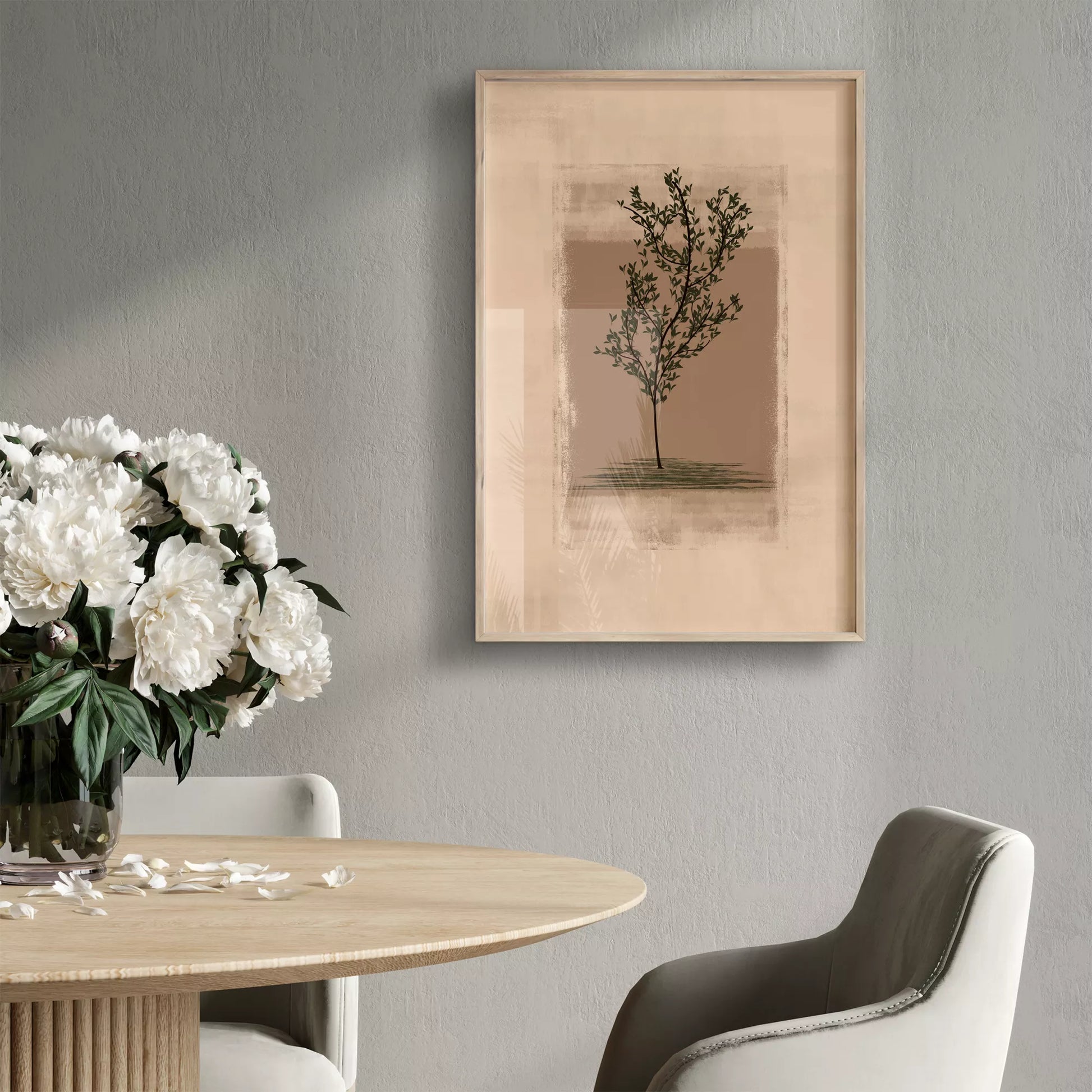 静寂な背景に佇む一本の木のシルエット画、禅とモダンの融合