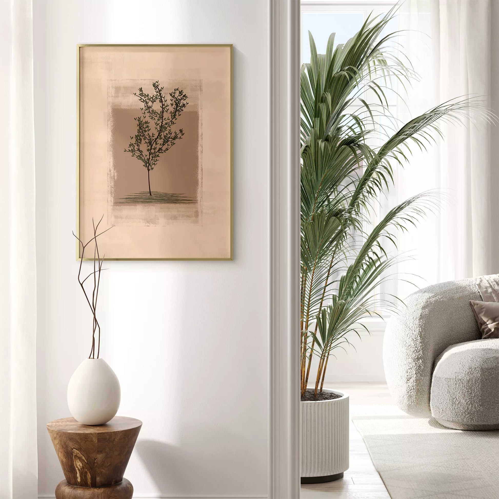 静寂な背景に佇む一本の木のシルエット画、禅とモダンの融合