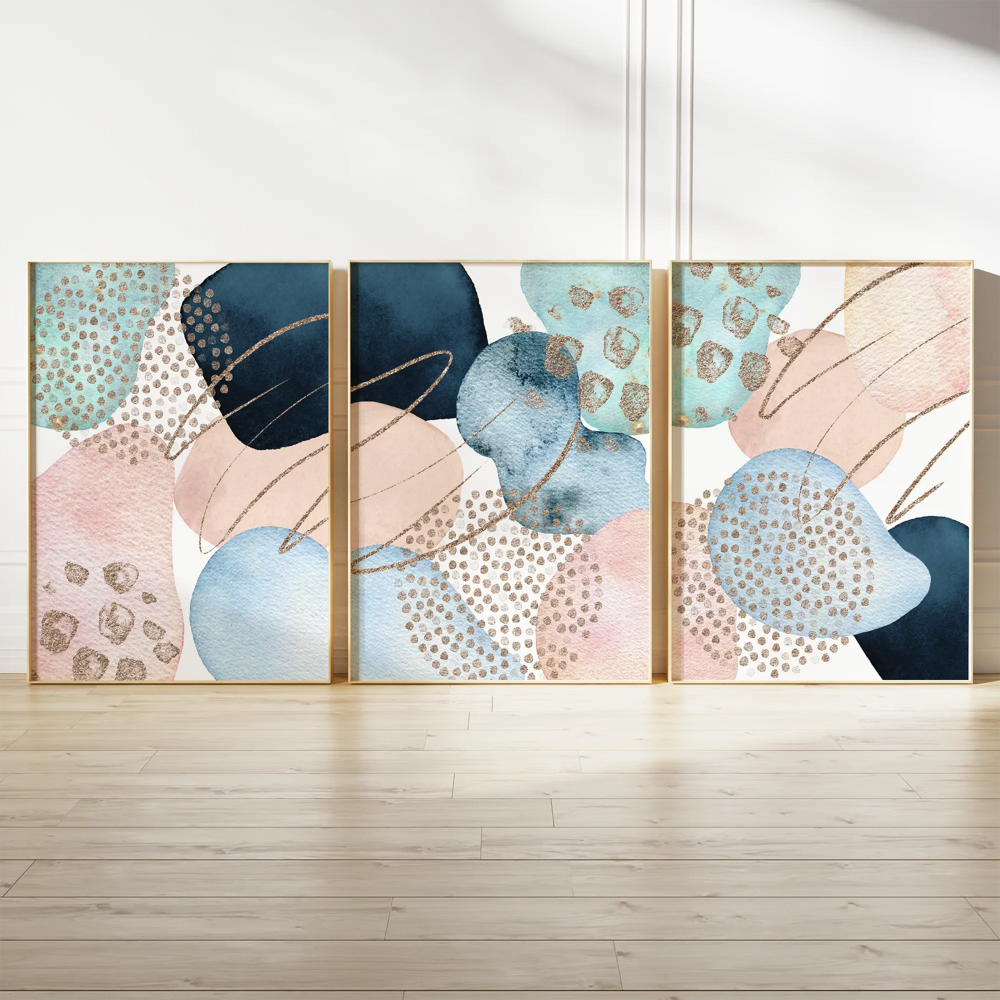 ブルーとピンクにゴールドが煌めく抽象アートポスター 北欧モダンインテリア 3枚セット