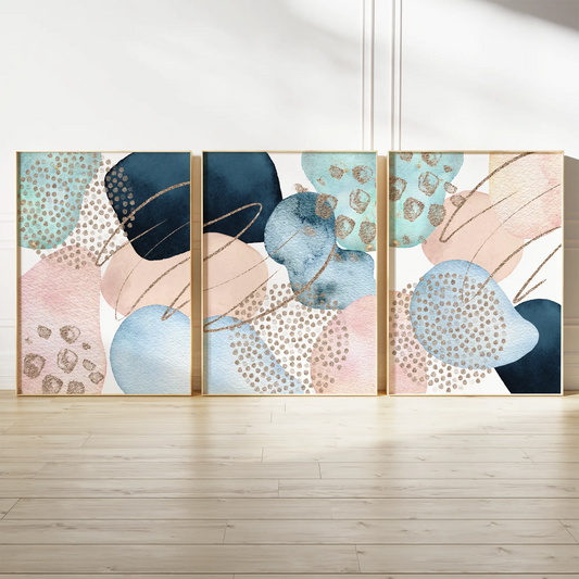 ブルーとピンクにゴールドが煌めく抽象アートポスター 北欧モダンインテリア 3枚セット