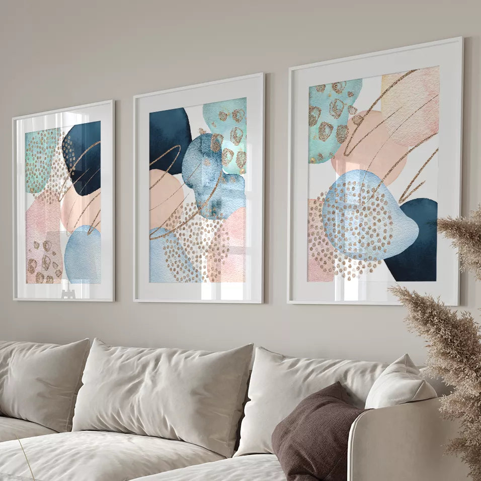 青とピンクの抽象アート3枚セット ゴールドアクセント モダンデザイン