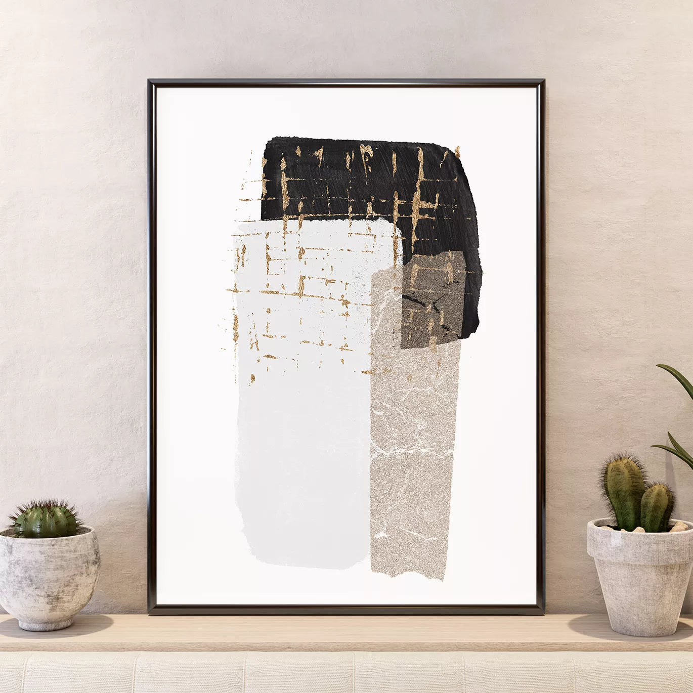 モダンな抽象画アートポスター3枚セット、ベージュとブラックのミニマルデザイン