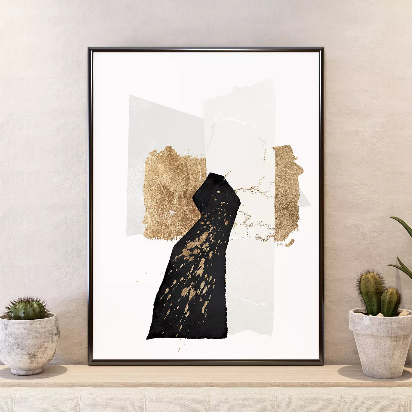 モダンな抽象画アートポスター3枚セット、ベージュとブラックのミニマルデザイン