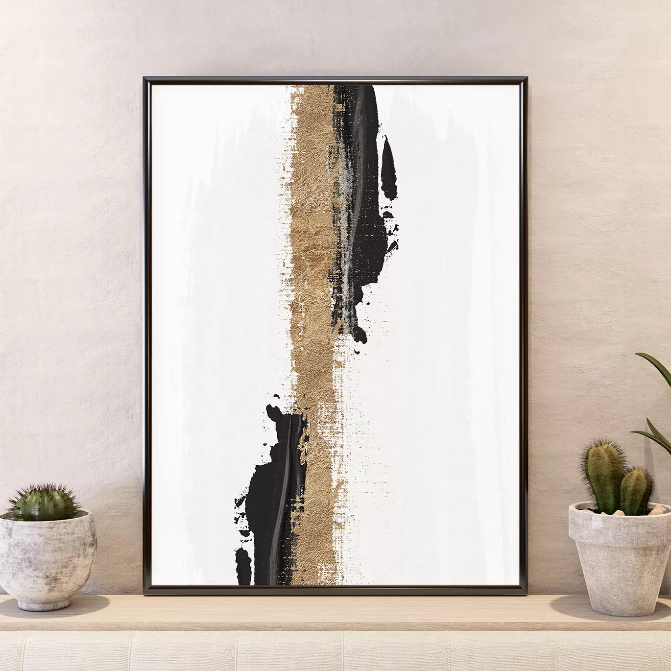 モダンな抽象画アートポスター3枚セット、ベージュとブラックのミニマルデザイン