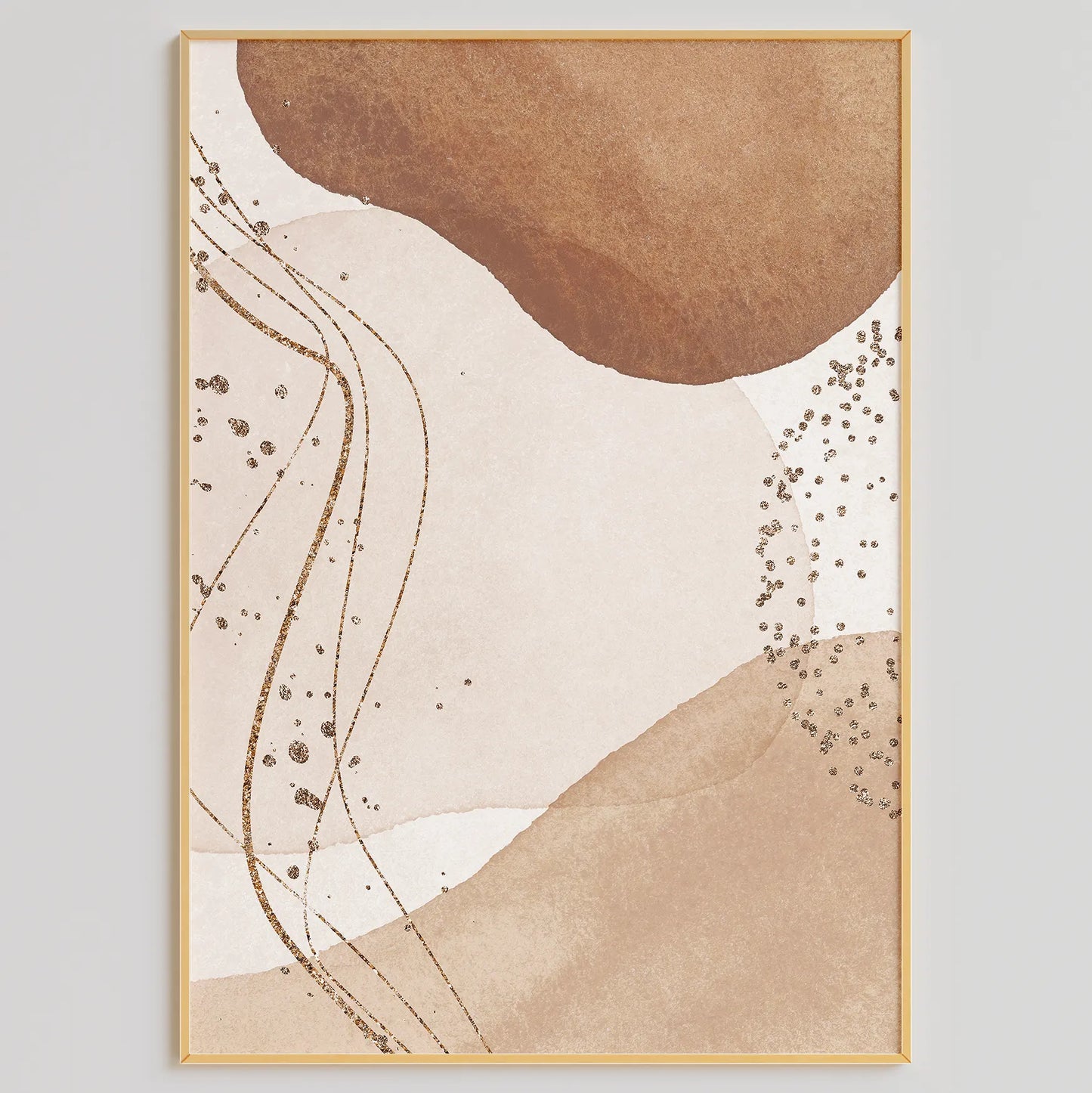 ベージュ色の抽象的な曲線とドットが織りなすモダンアート3点セット