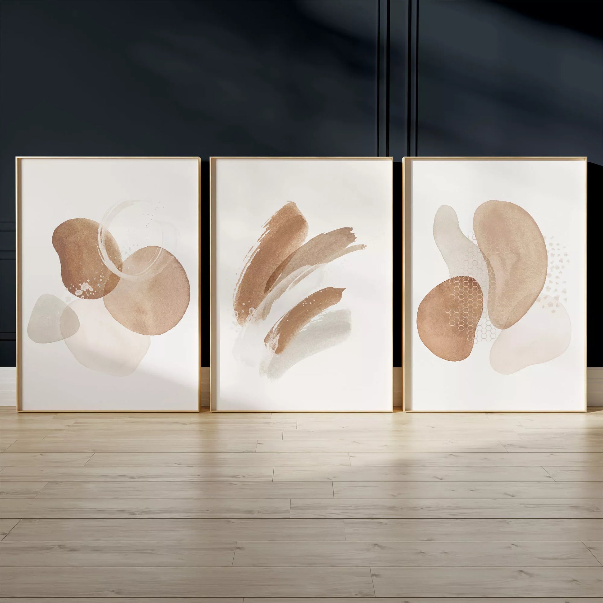 モダンな水彩画風ベージュ色の抽象アート3点セット、北欧インテリア向け