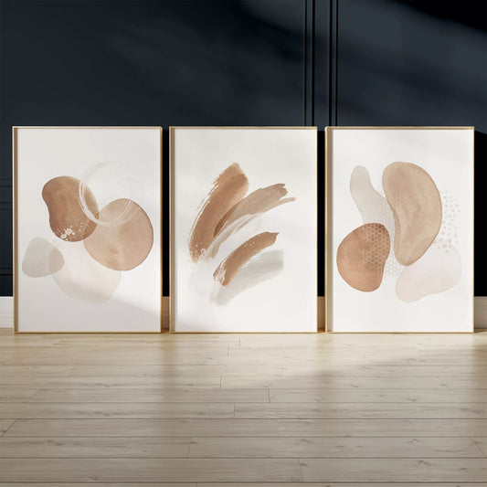 モダンな水彩画風ベージュ色の抽象アート3点セット、北欧インテリア向け