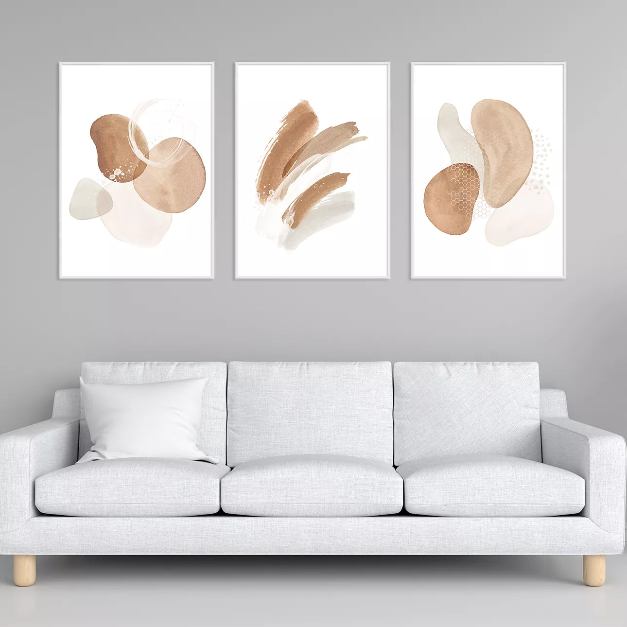 モダンな水彩画風ベージュ色の抽象アート3点セット、北欧インテリア向け