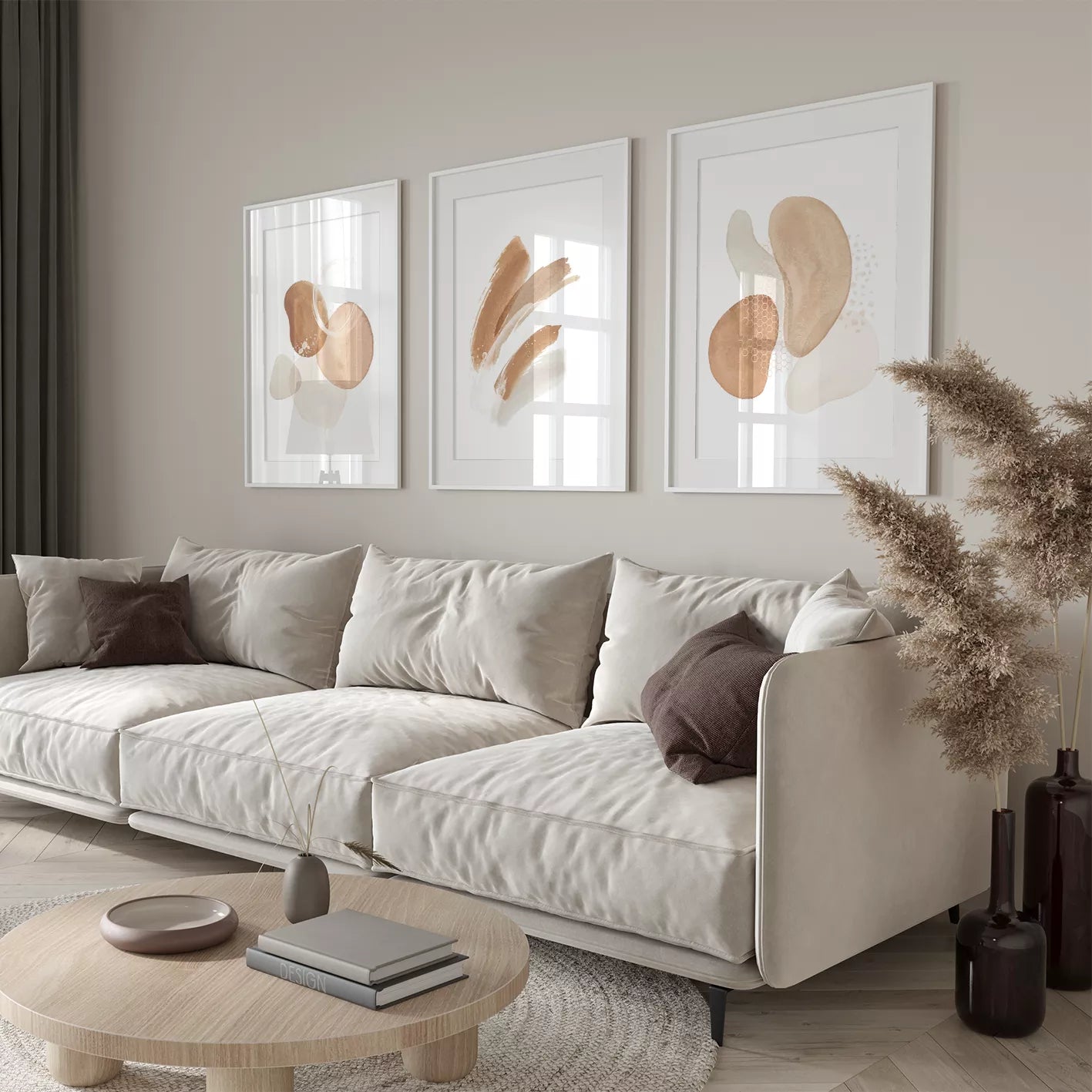 モダンな水彩画風ベージュ色の抽象アート3点セット、北欧インテリア向け