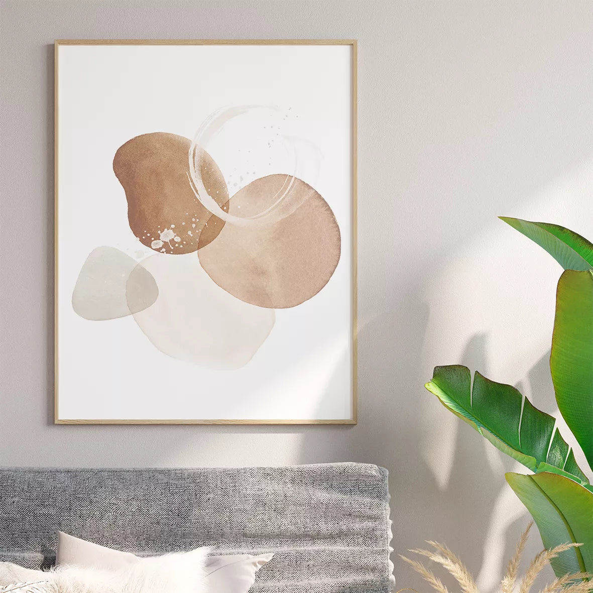 モダンな水彩画風ベージュ色の抽象アート3点セット、北欧インテリア向け