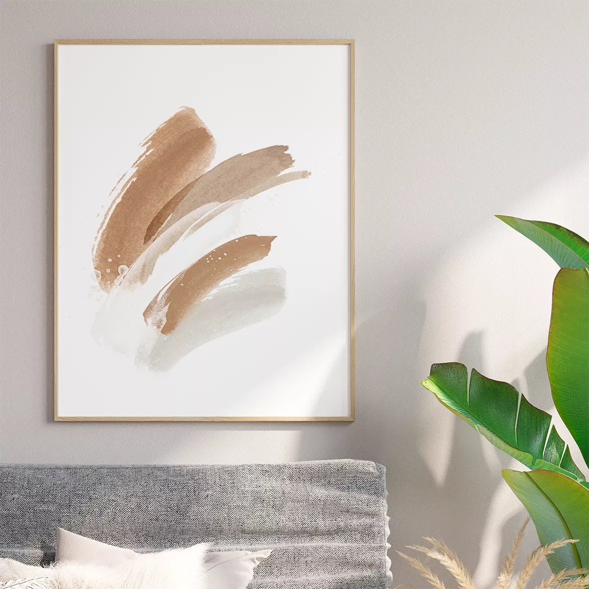 モダンな水彩画風ベージュ色の抽象アート3点セット、北欧インテリア向け