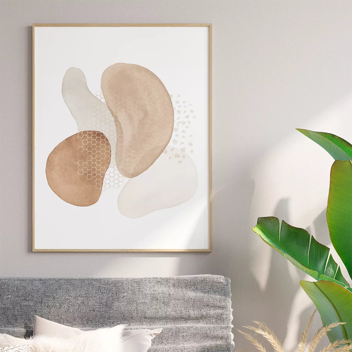 モダンな水彩画風ベージュ色の抽象アート3点セット、北欧インテリア向け