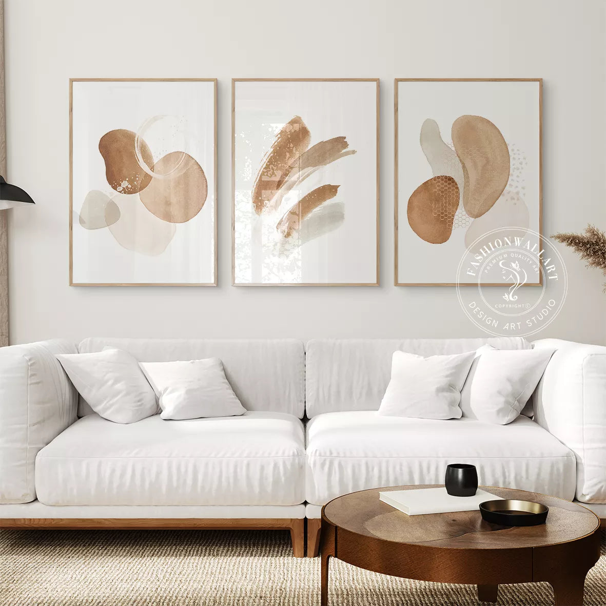 モダンな水彩画風ベージュ色の抽象アート3点セット、北欧インテリア向け