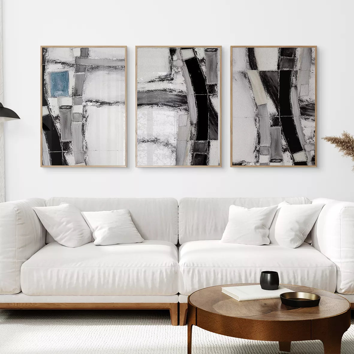 モノクロ抽象画アートパネル3枚組、北欧インテリアデザイン
