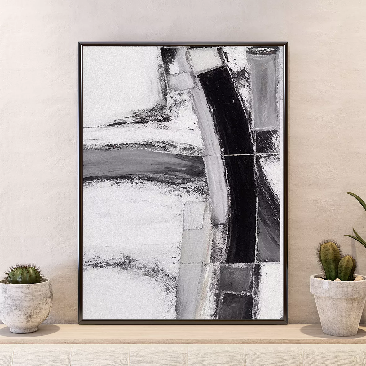 モノクロ抽象画アートパネル3枚組、北欧インテリアデザイン