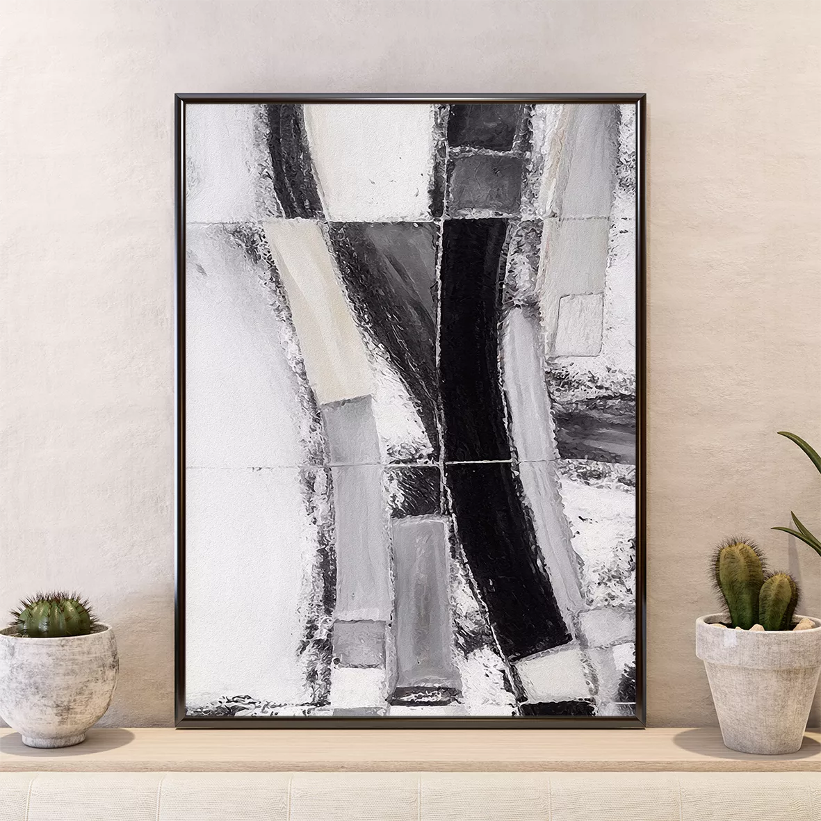 モノクロ抽象画アートパネル3枚組、北欧インテリアデザイン