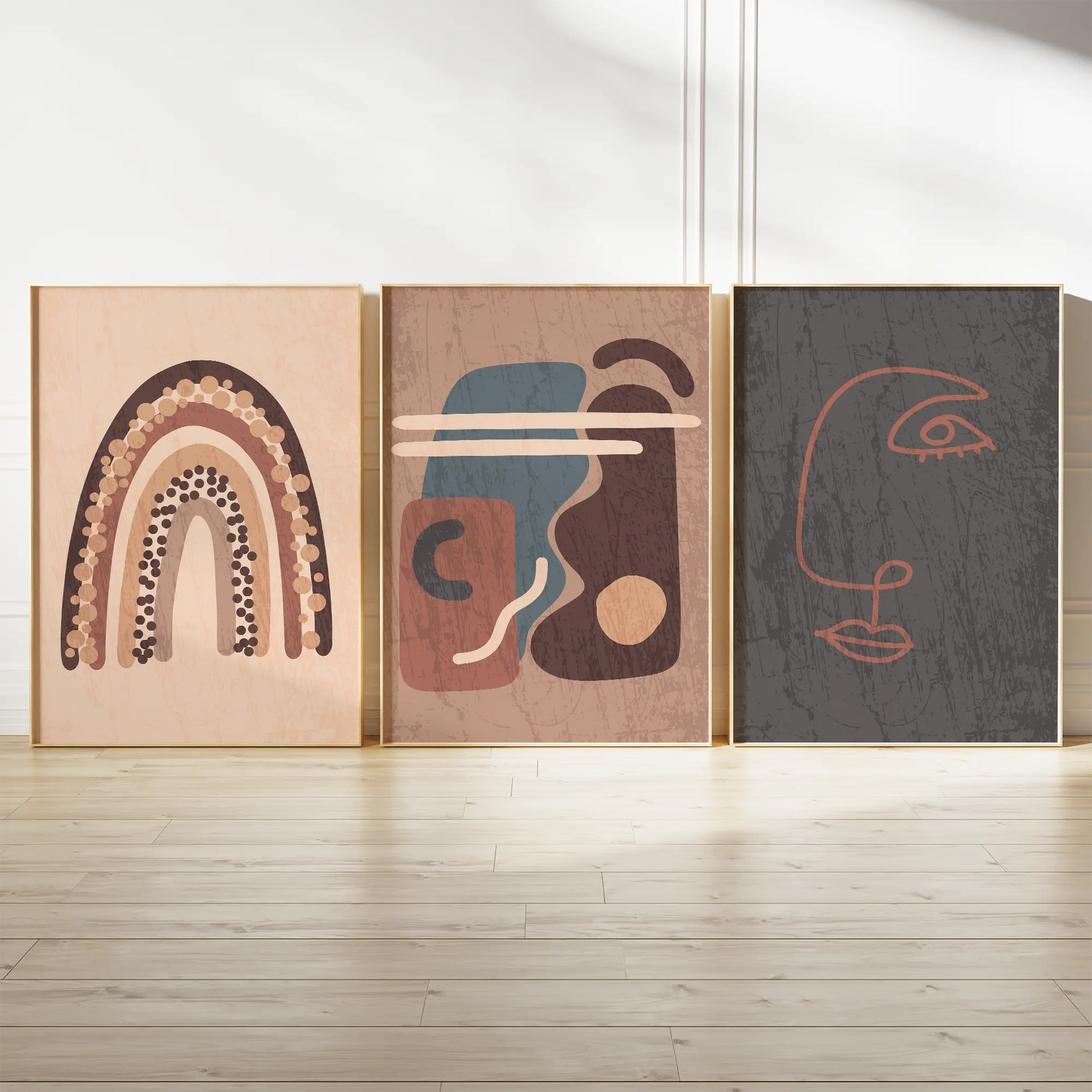 テラコッタレインボーと抽象ラインフェイスの北欧ボヘミアンアートポスター 3枚セット