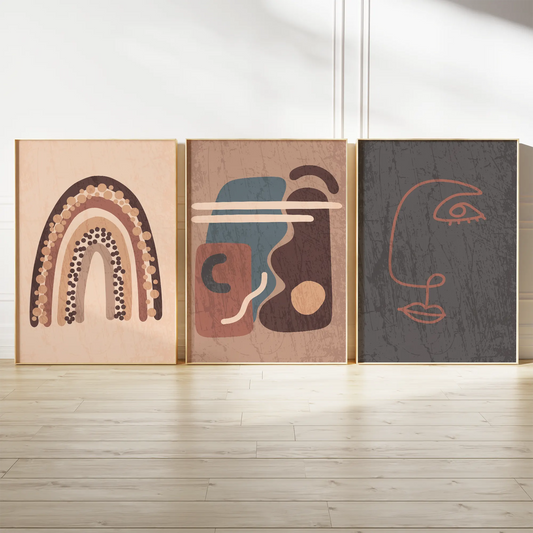 テラコッタレインボーと抽象ラインフェイスの北欧ボヘミアンアートポスター 3枚セット