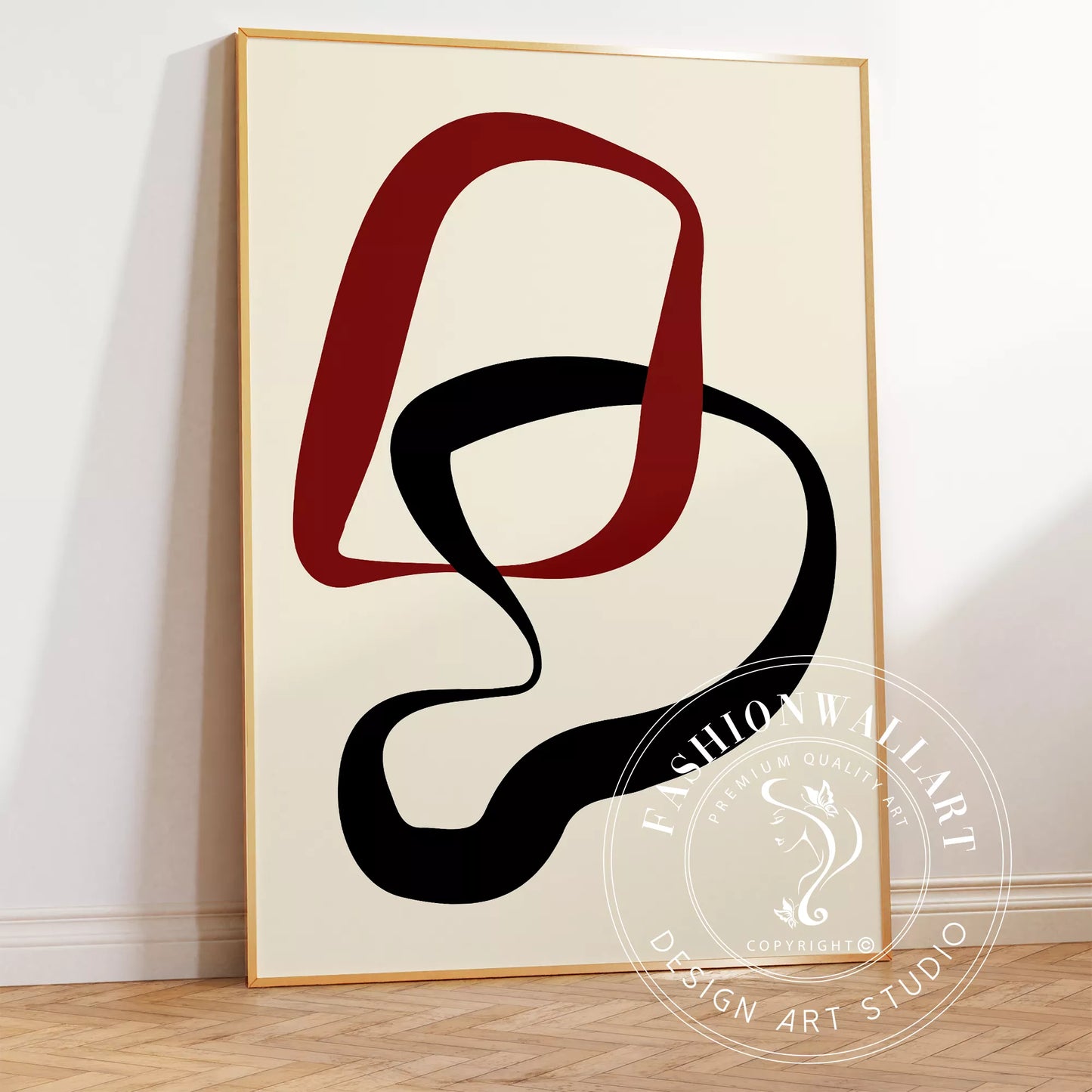 赤と黒の曲線が織りなすモダンな抽象アート