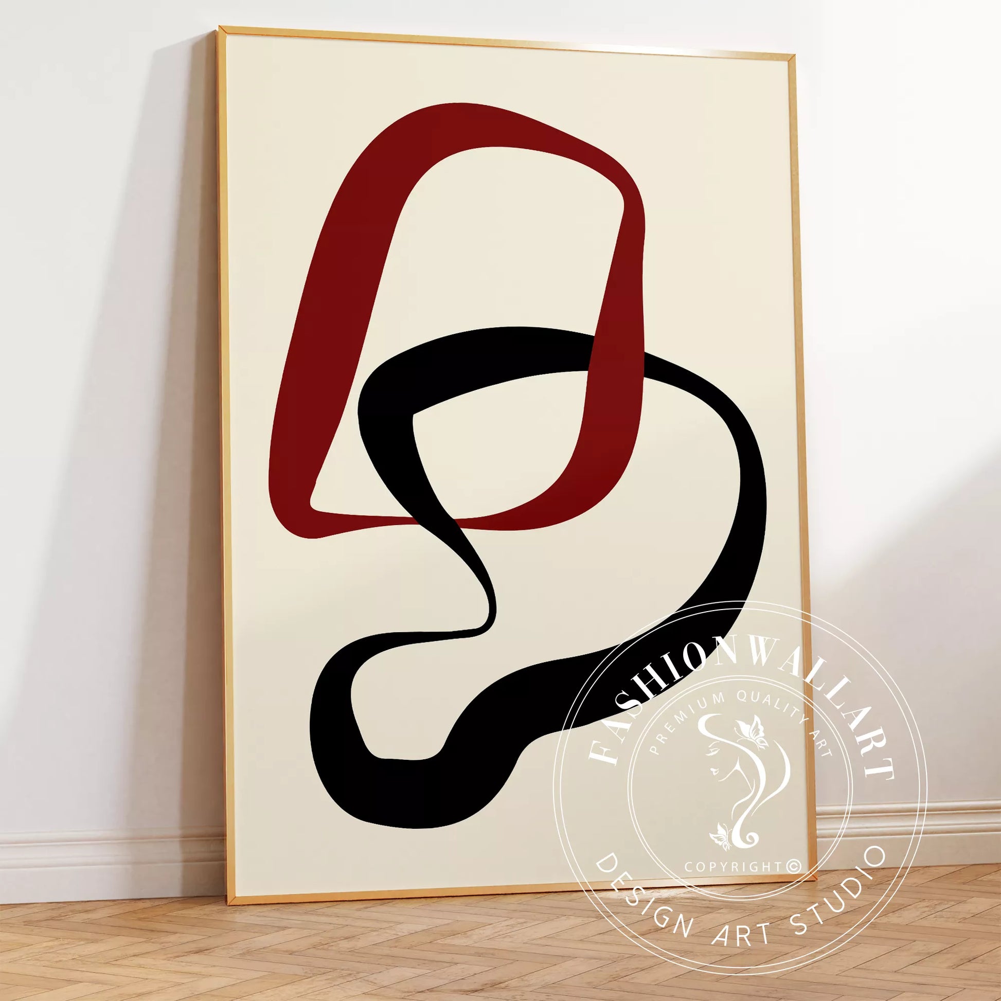 赤と黒の曲線が織りなすモダンな抽象アート