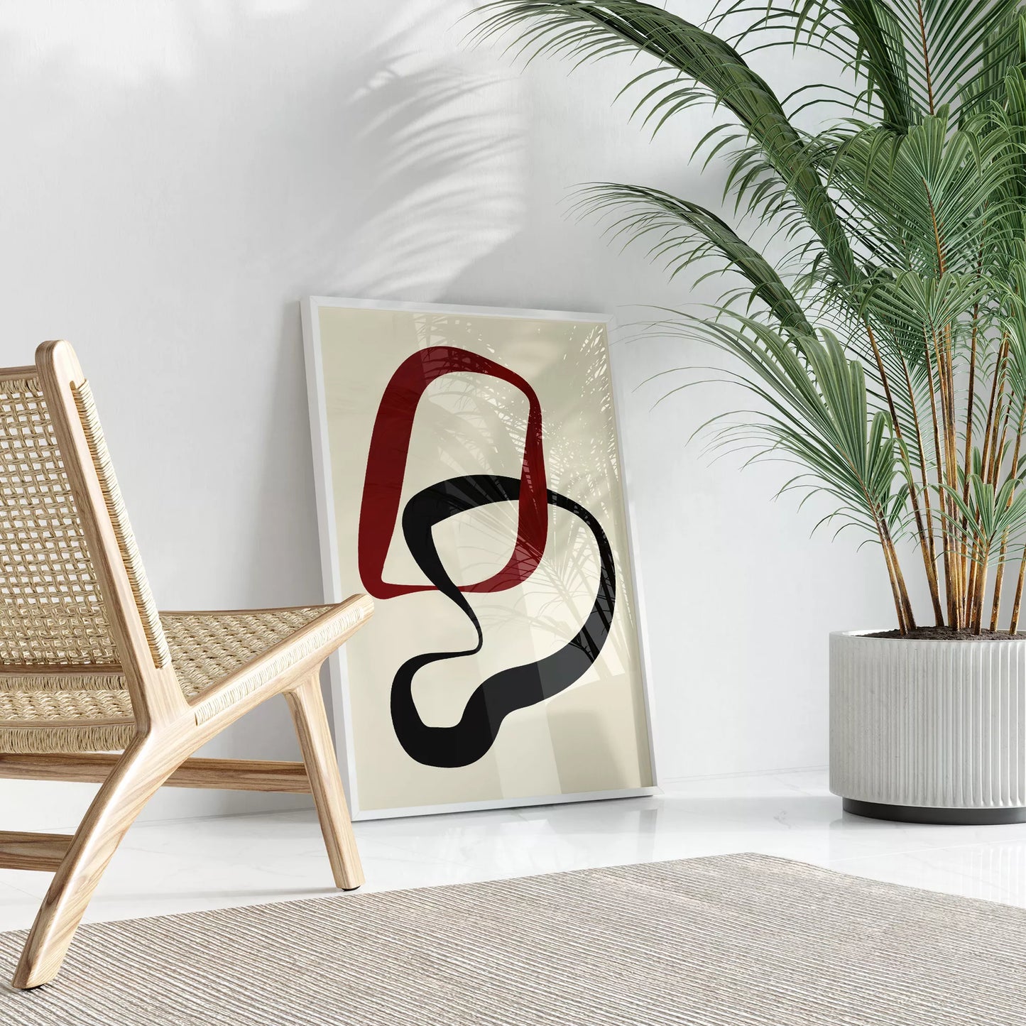 赤と黒の曲線が織りなすモダンな抽象アート