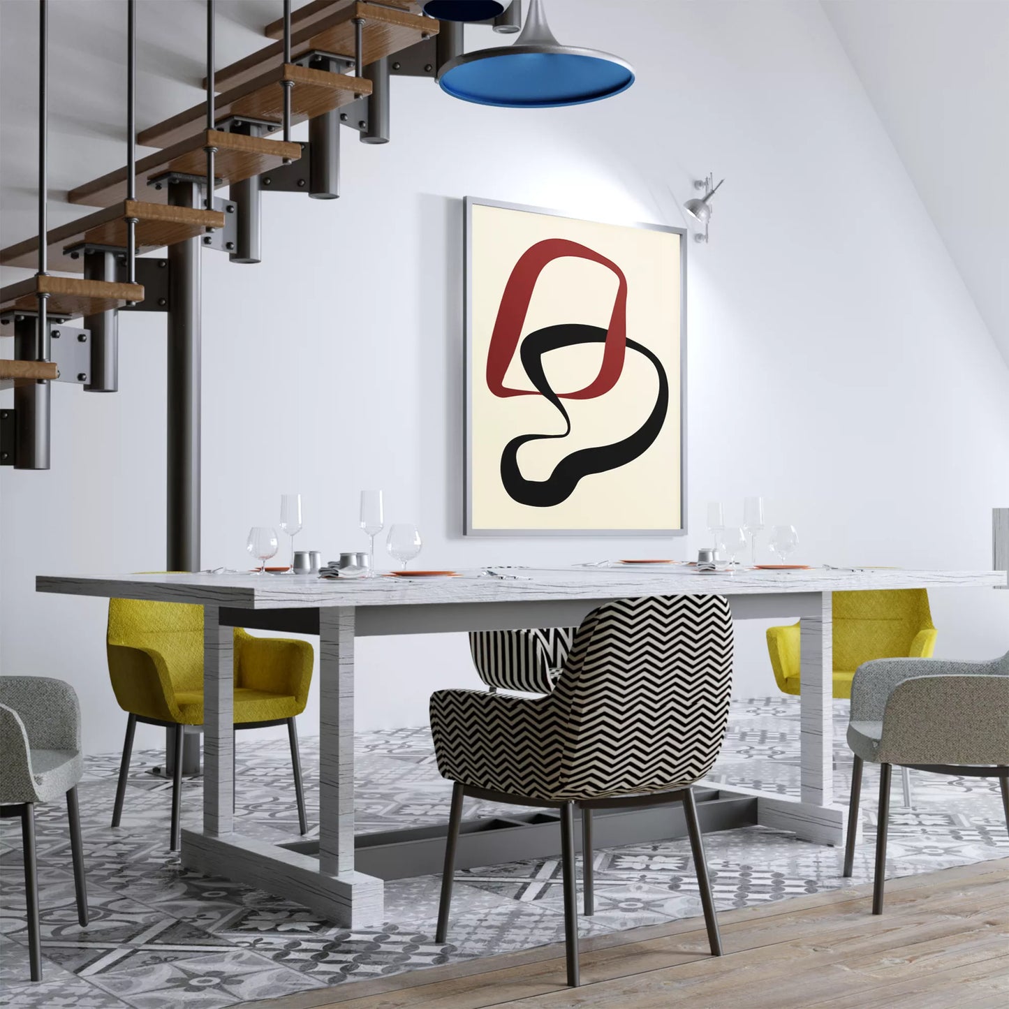 赤と黒の曲線が織りなすモダンな抽象アート