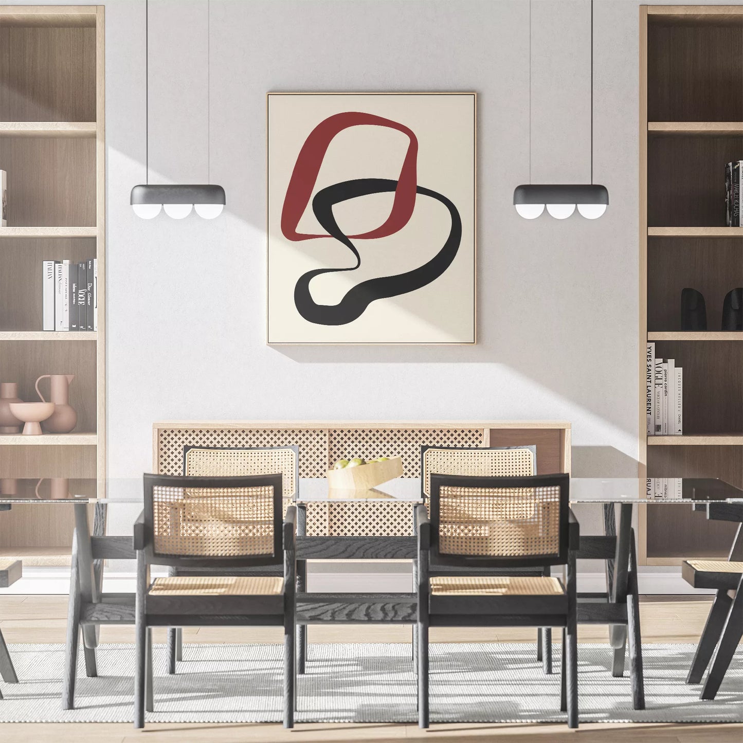 赤と黒の曲線が織りなすモダンな抽象アート