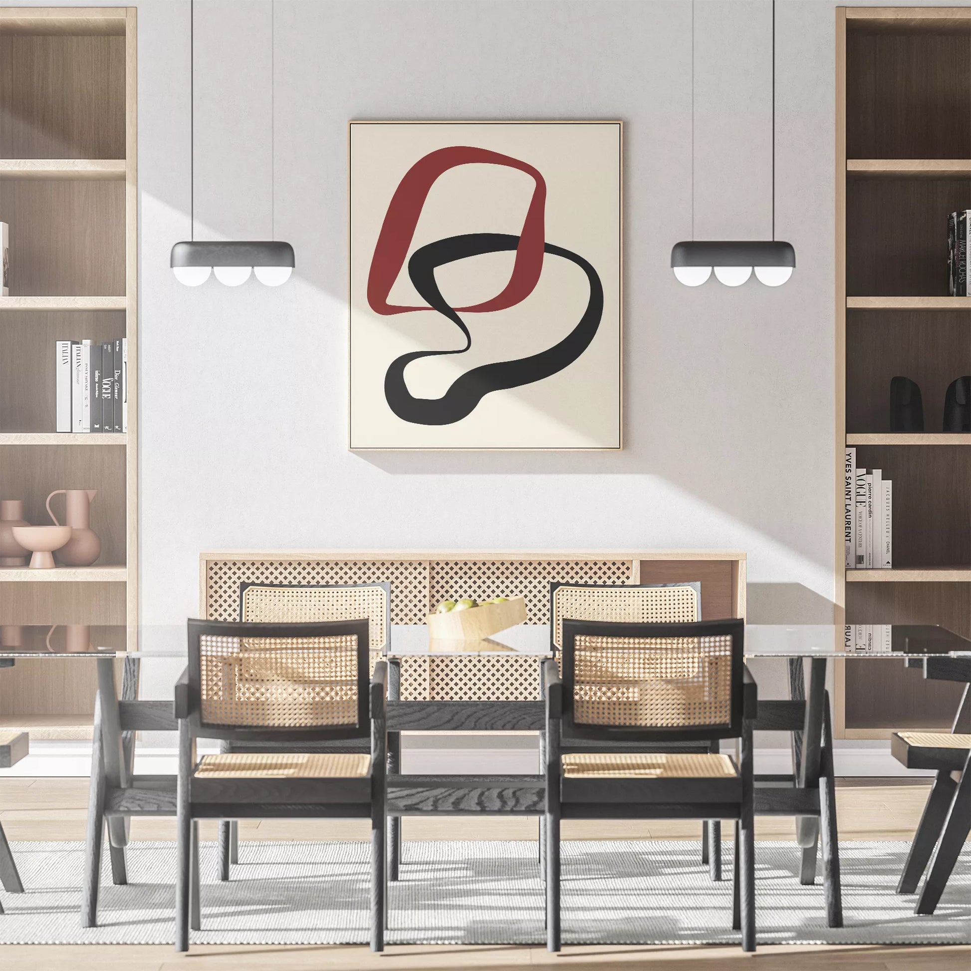 赤と黒の曲線が織りなすモダンな抽象アート