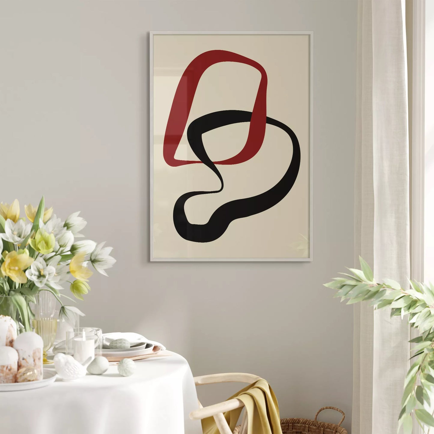 赤と黒の曲線が織りなすモダンな抽象アート