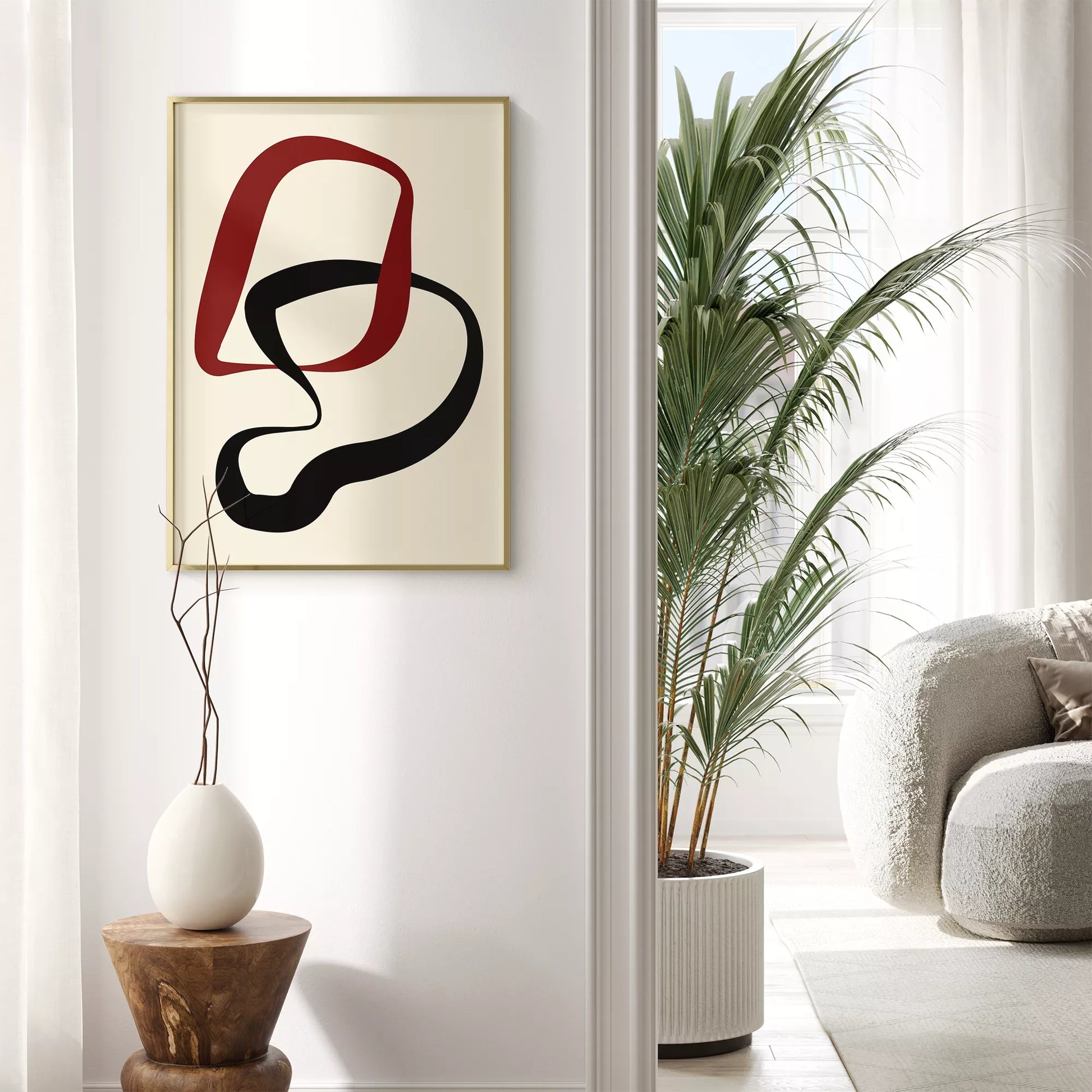 赤と黒の曲線が織りなすモダンな抽象アート