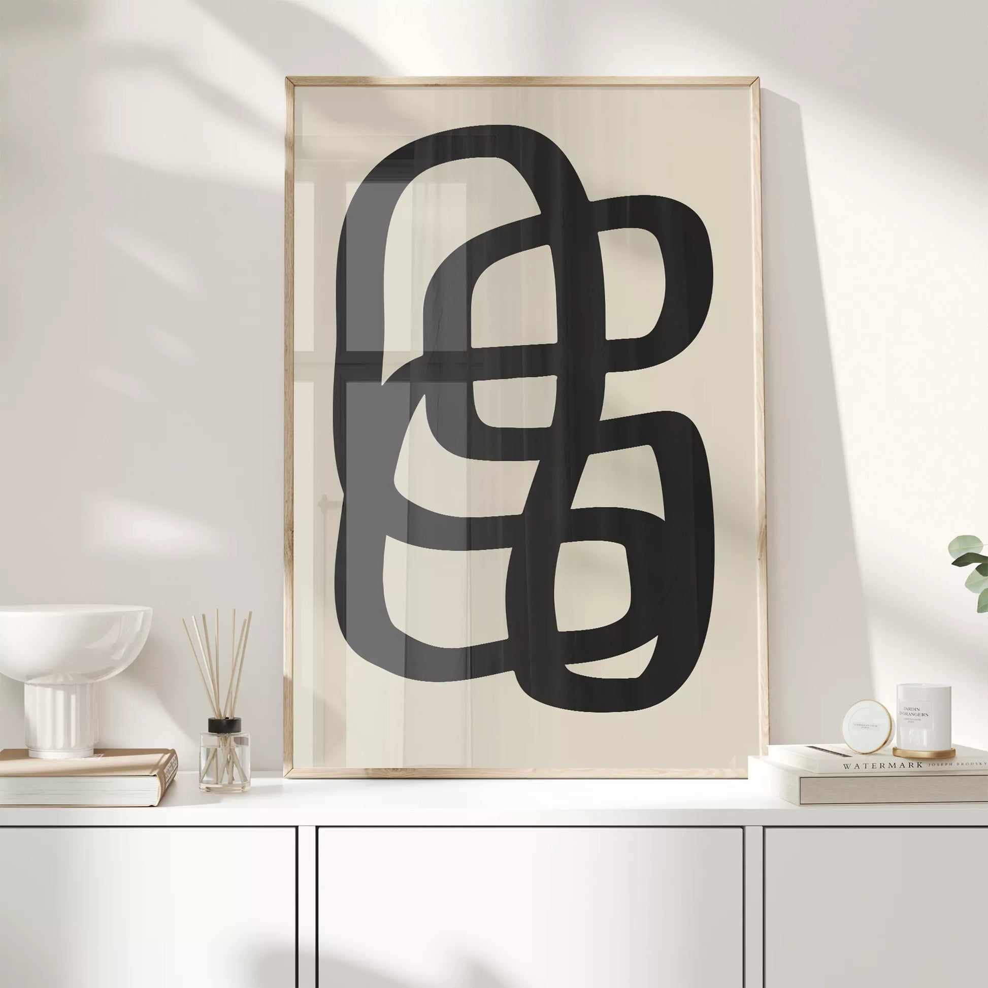 モノクロ抽象アート、曲線が織りなす幾何学的なデザイン