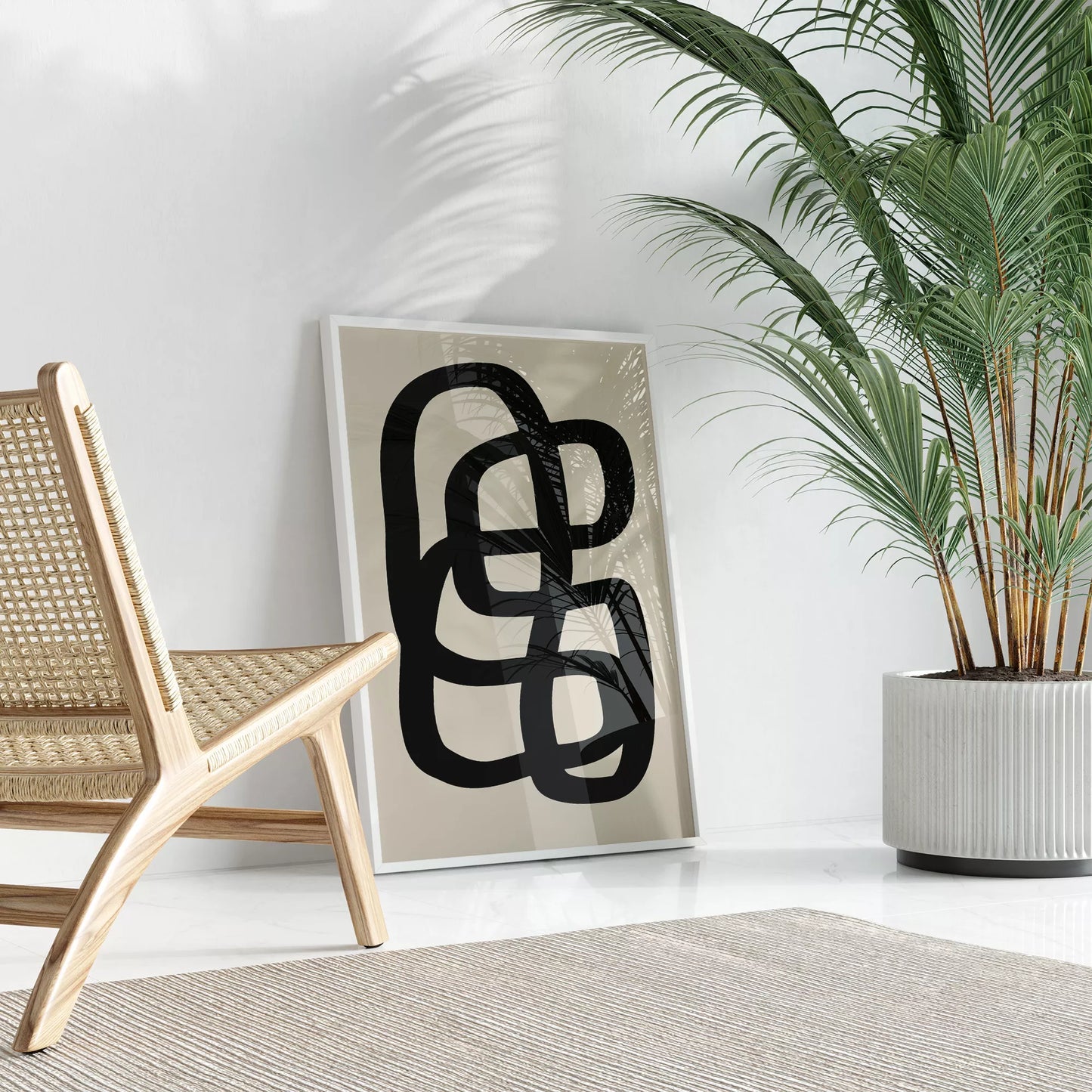 モノクロ抽象アート、曲線が織りなす幾何学的なデザイン