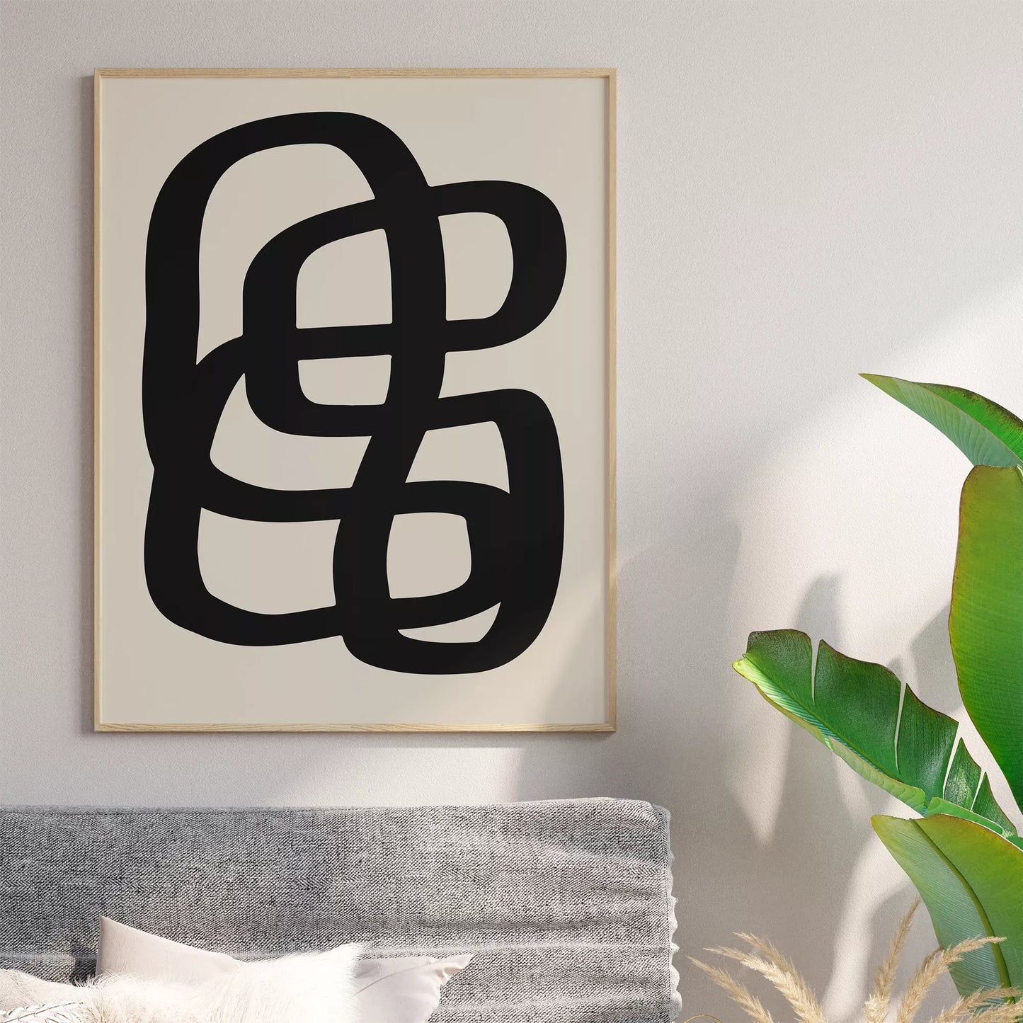 モノクロ抽象アート、曲線が織りなす幾何学的なデザイン