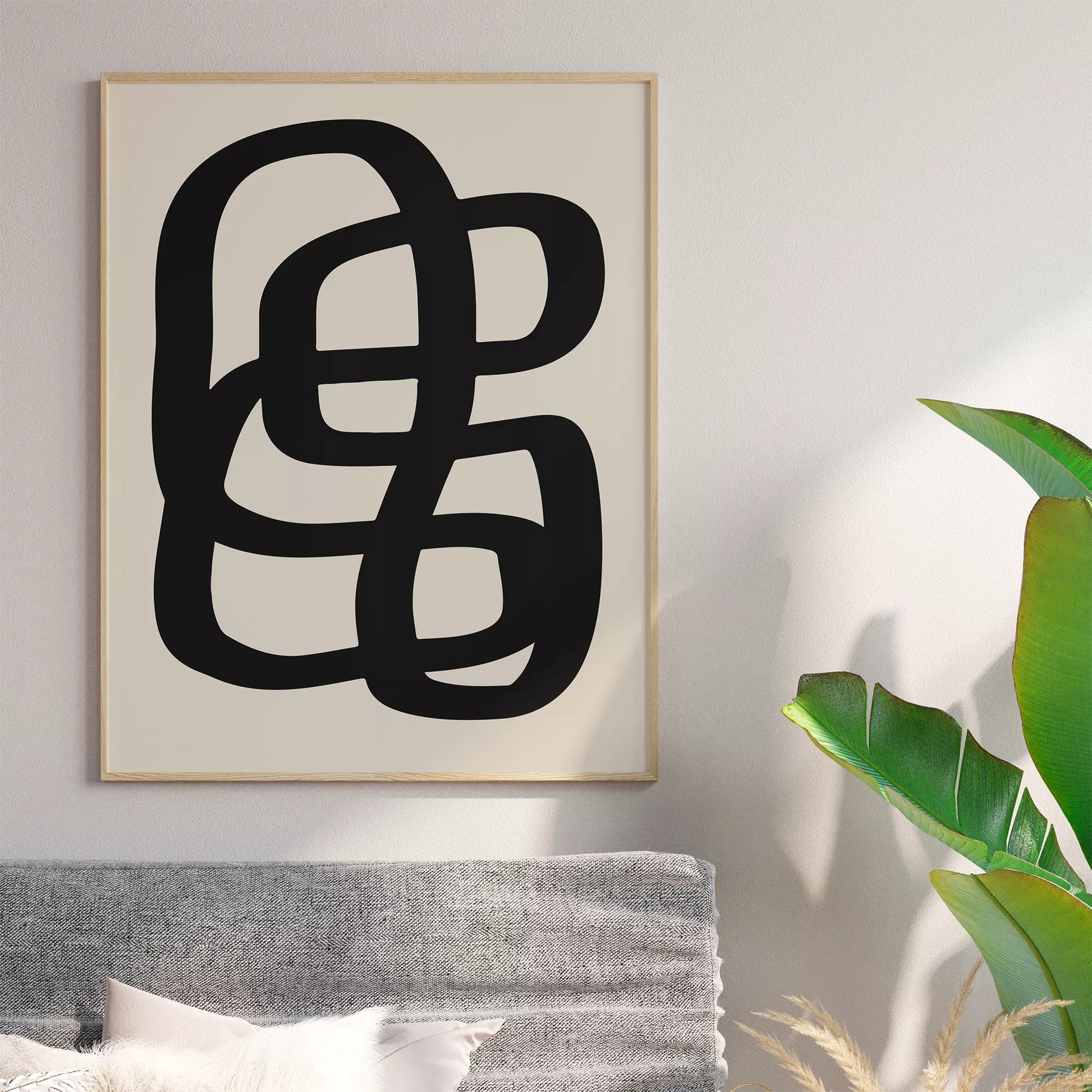 モノクロ抽象アート、曲線が織りなす幾何学的なデザイン