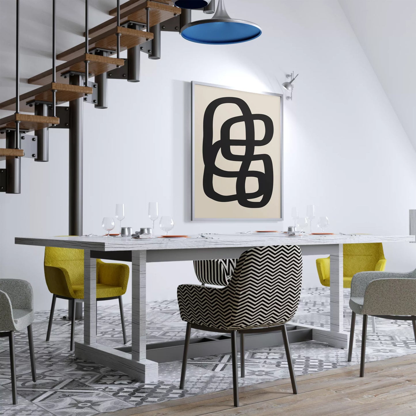 モノクロ抽象アート、曲線が織りなす幾何学的なデザイン