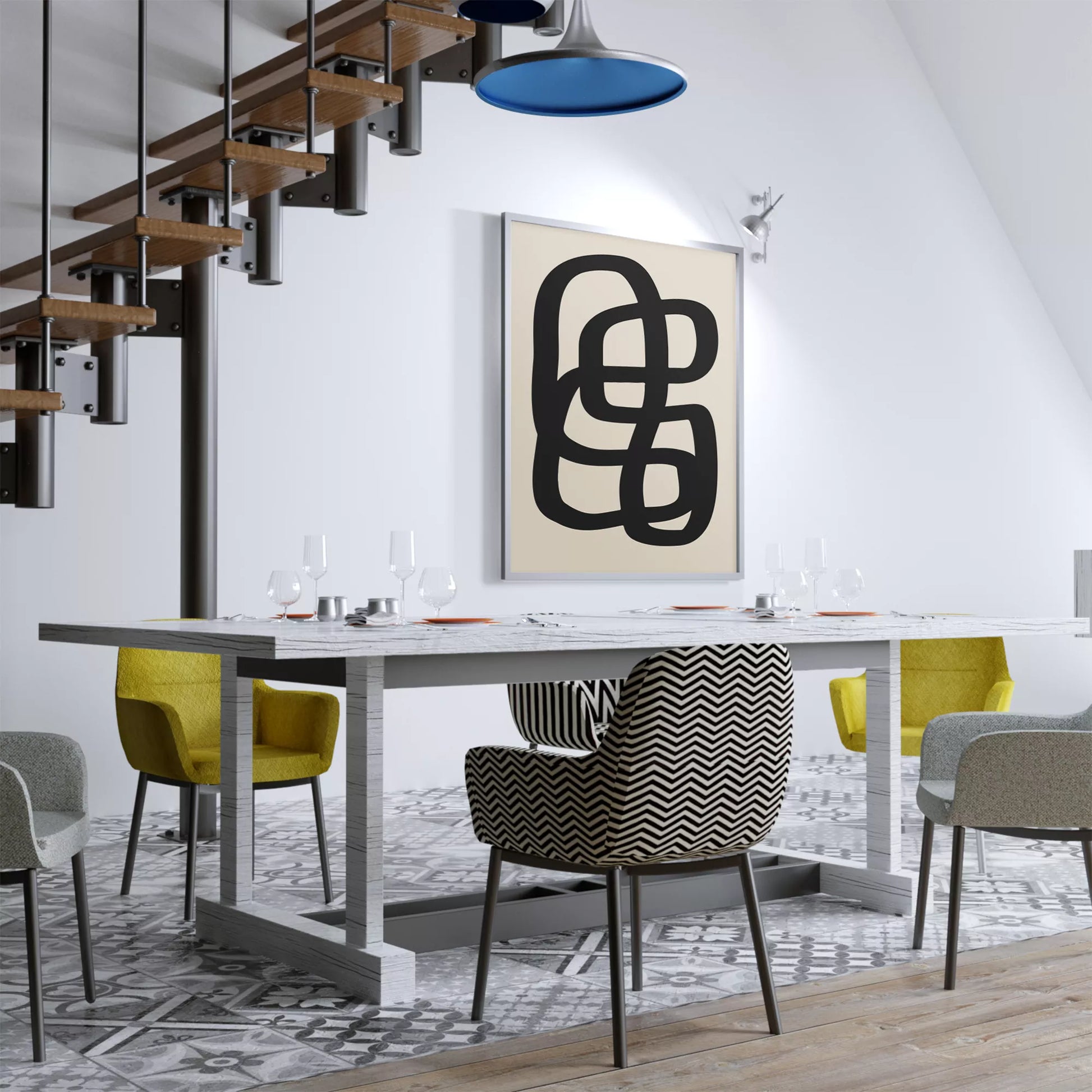 モノクロ抽象アート、曲線が織りなす幾何学的なデザイン