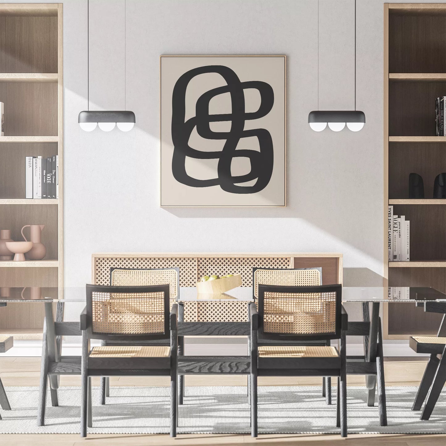 モノクロ抽象アート、曲線が織りなす幾何学的なデザイン