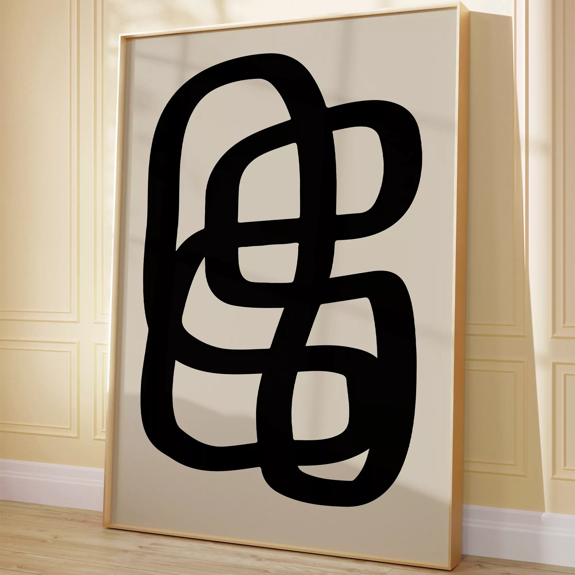 モノクロ抽象アート、曲線が織りなす幾何学的なデザイン