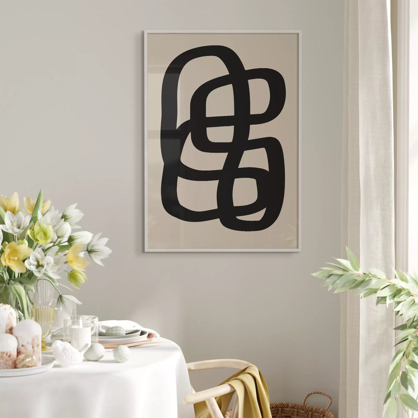 モノクロ抽象アート、曲線が織りなす幾何学的なデザイン