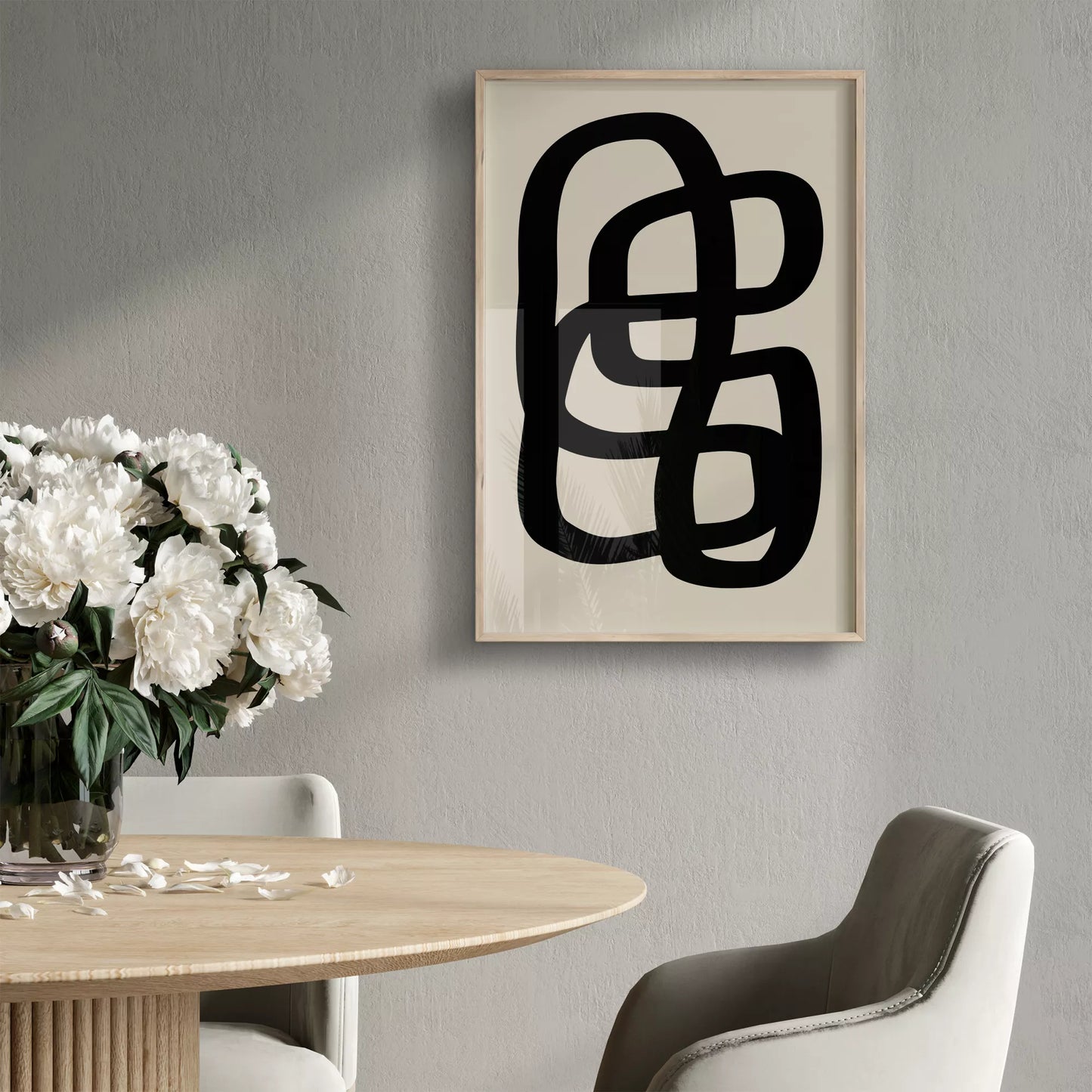 モノクロ抽象アート、曲線が織りなす幾何学的なデザイン