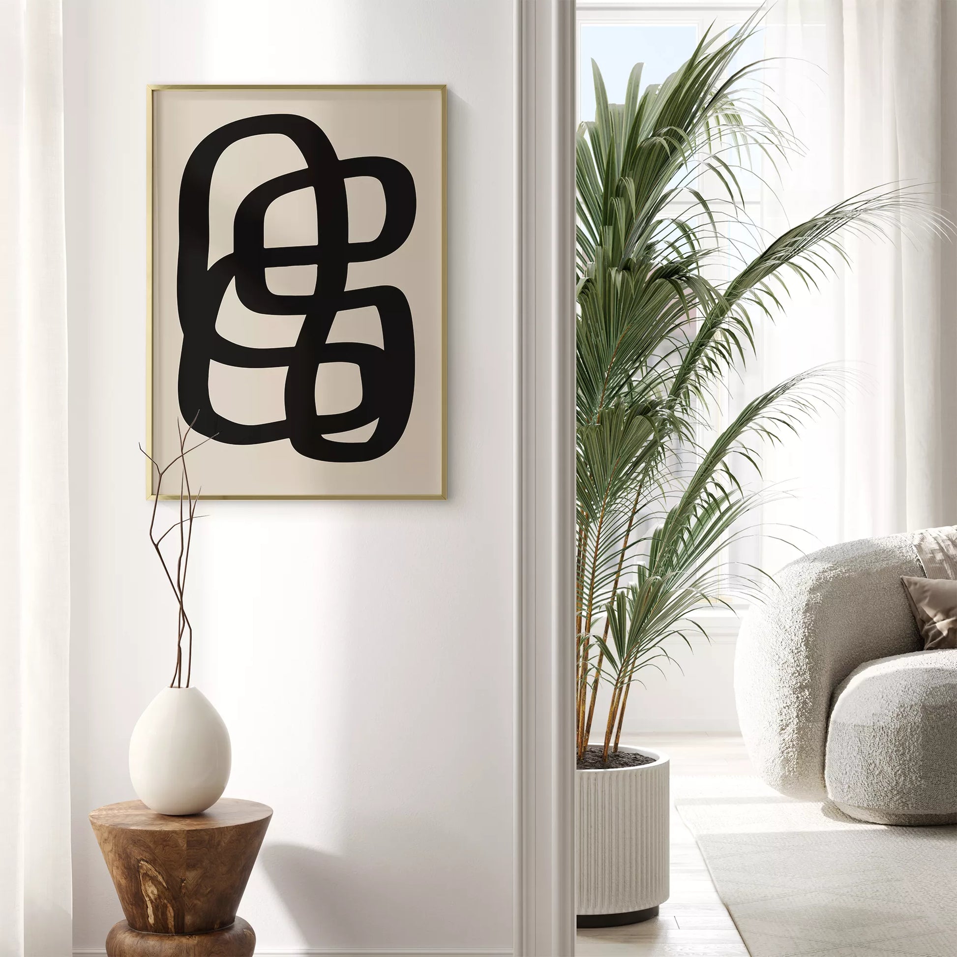 モノクロ抽象アート、曲線が織りなす幾何学的なデザイン