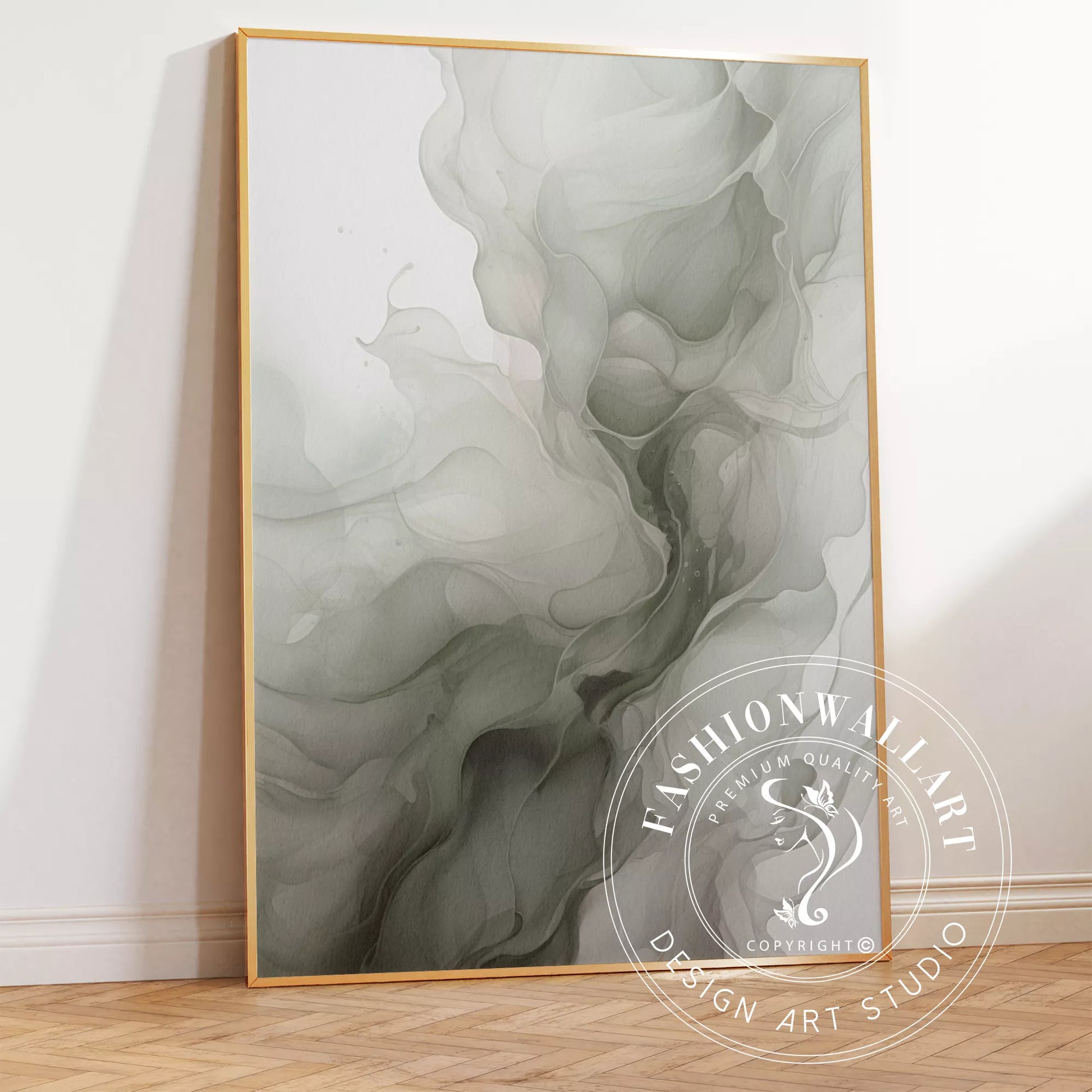 グリーングラデーションの抽象的な流体アート、モダンな水墨画風