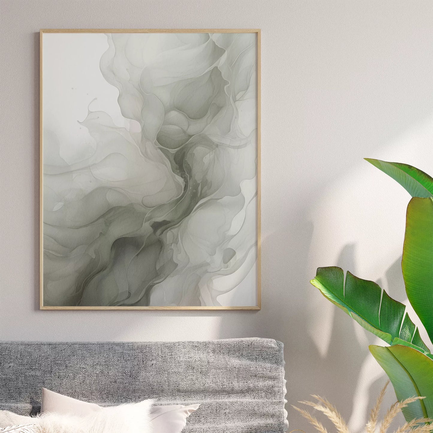 グリーングラデーションの抽象的な流体アート、モダンな水墨画風