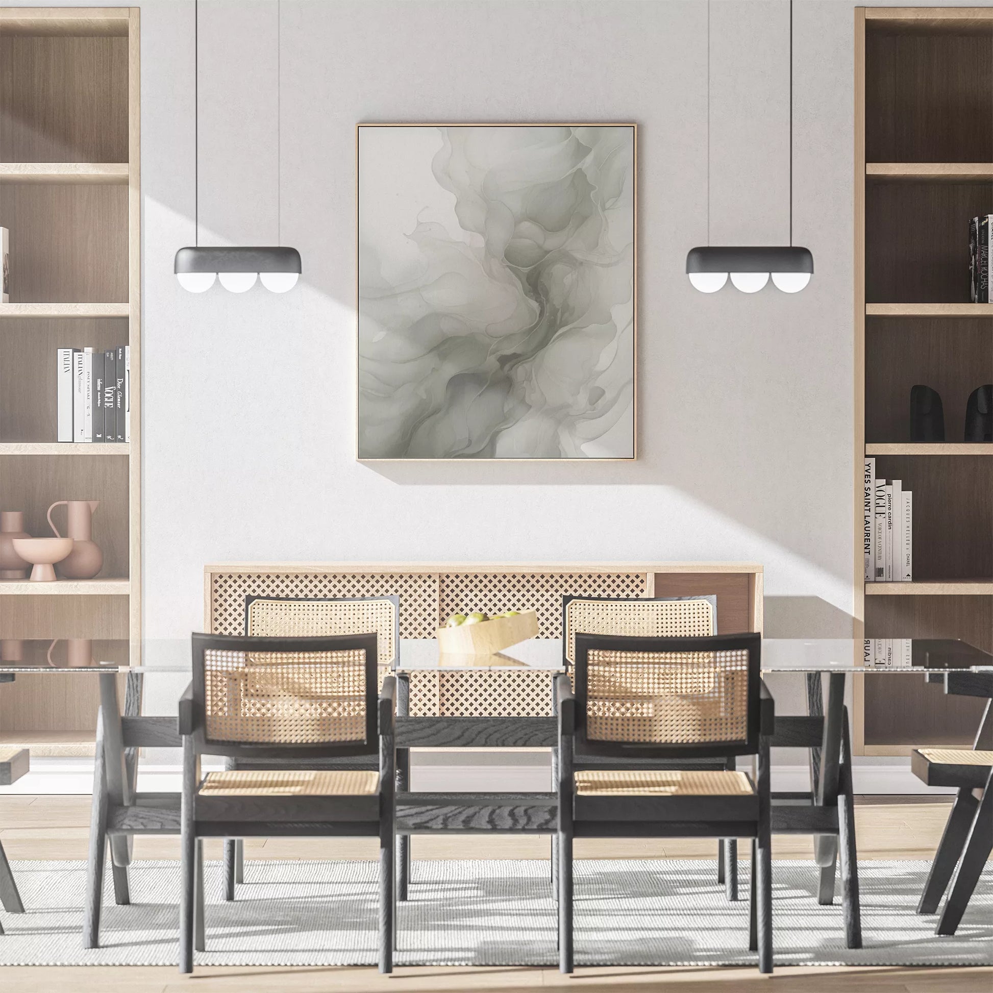 グリーングラデーションの抽象的な流体アート、モダンな水墨画風