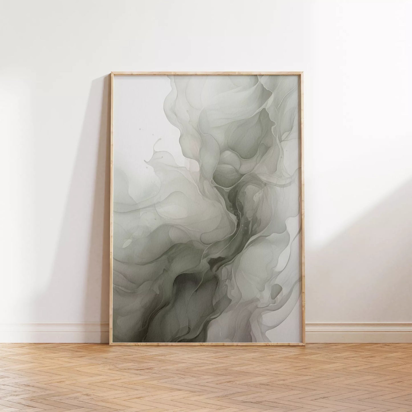 グリーングラデーションの抽象的な流体アート、モダンな水墨画風