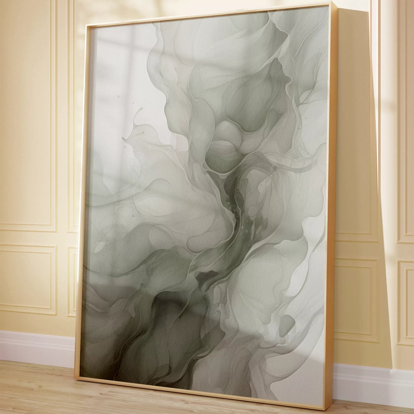 グリーングラデーションの抽象的な流体アート、モダンな水墨画風